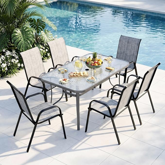 Arlopu 7-Piece Outdoor Table and Chairs for 6, Outdoor Dining Set W/Rectangle Glass Table and Patio Textilene Stackable Chairs, Patio Furniture Set W/Umbrella Hole (Grey Table & Grey Chair)