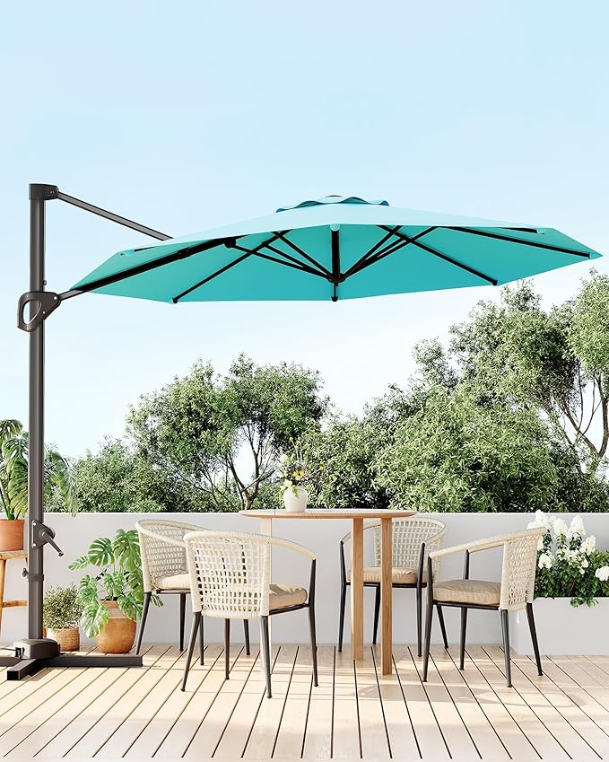 GarveeLife 10 ft Patio Umbrella Outdoor Large Cantilever w/Base Included Market Sun Shade Windproof Offset with 360-Degree Rotation for Garden Deck Pool Patio, Turquoise Blue