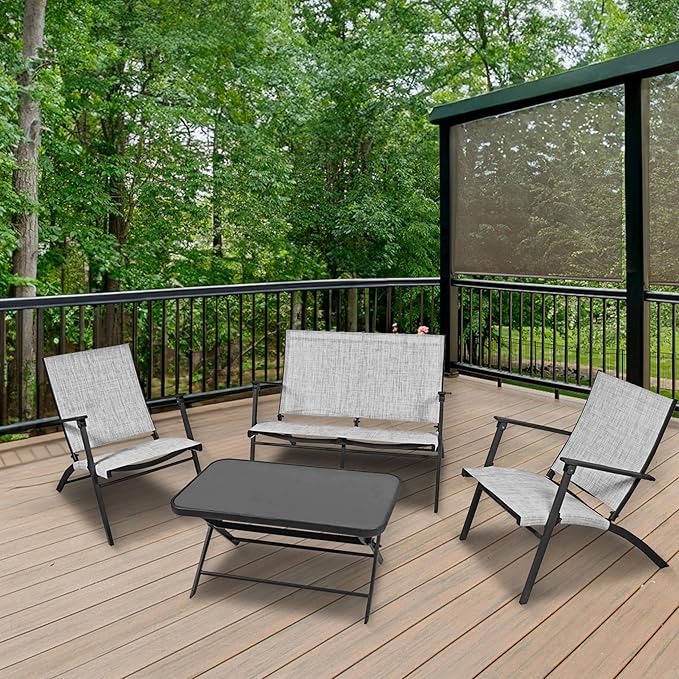Four Seasons Courtyard Novara 4 Piece Steel Folding Outdoor Patio Furniture Conversation Set with 2 Patio Chairs, 1 Loveseat, and Table, Tan/Espresso