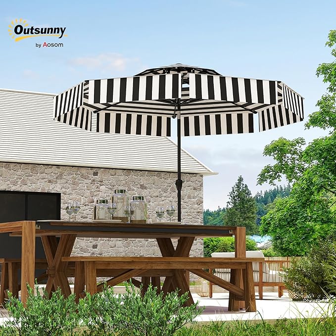 Outsunny 8.6FT Patio Umbrella, UPF 30+ Outdoor Market Umbrella, 2-Tier Vented Patio Table Umbrella with Crank 8 Ribs, Tiltable Porch Umbrella for Garden Deck Poolside, Black