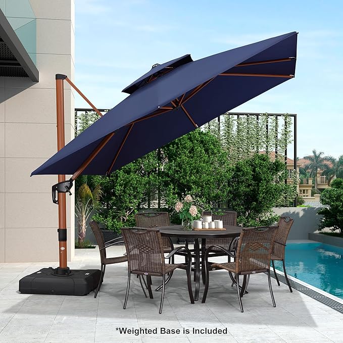 PURPLE LEAF Patio Umbrella with Base Outdoor Square Large Cantilever Umbrella Windproof Offset Heavy Duty Sun Umbrella for Garden Deck Pool Patio, 9ft Navy Blue