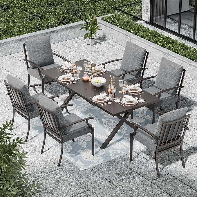 7 Piece Outdoor Dining Set for 6, Metal Patio Table and Chairs with Cushions, Patio Furniture Set with 6 Stackable Chairs, Rectangular Patio Dining Table with Umbrella Hole, Lawn Deck, Yard-Grey