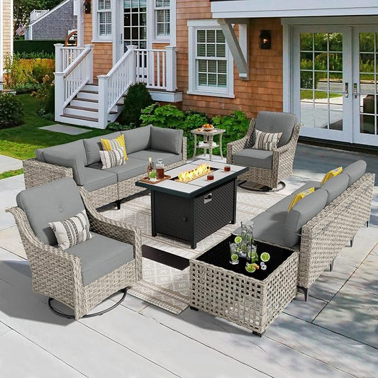 CAODOC 11 Pieces Outdoor Patio Furniture Set, Rattan Wicker Sectional Swivel Rocker Chairs Sets with Fire Pit, Swivel Glider Chairs, and Solar Powered Table