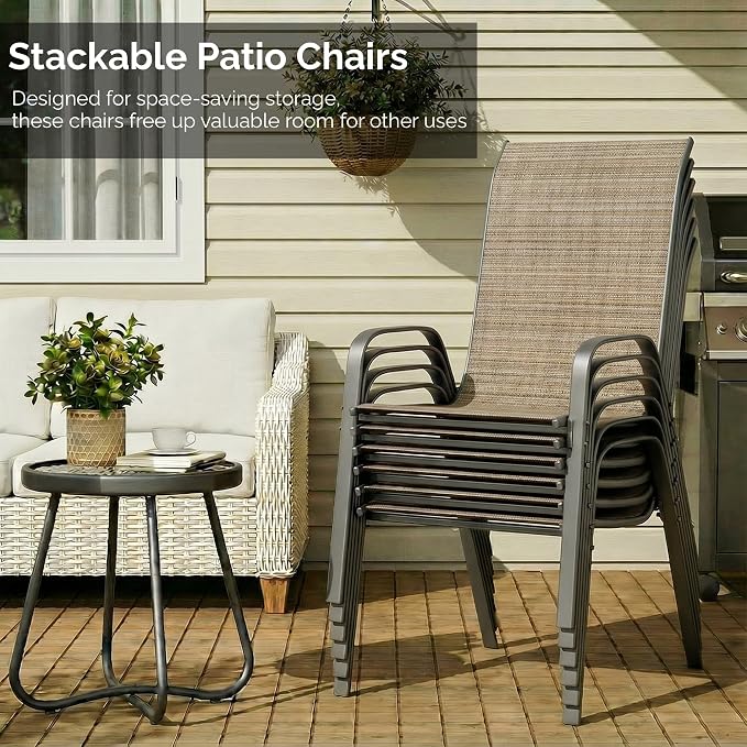 MAMIZO 7 Pieces Patio Dining Set for 6, Outdoor Table and Chairs w/Rectangle Glass Table and 6 Textilene Stackable Chairs, Patio Furniture Set w/1.69" Umbrella Hole (Black Table & Brown Chair)