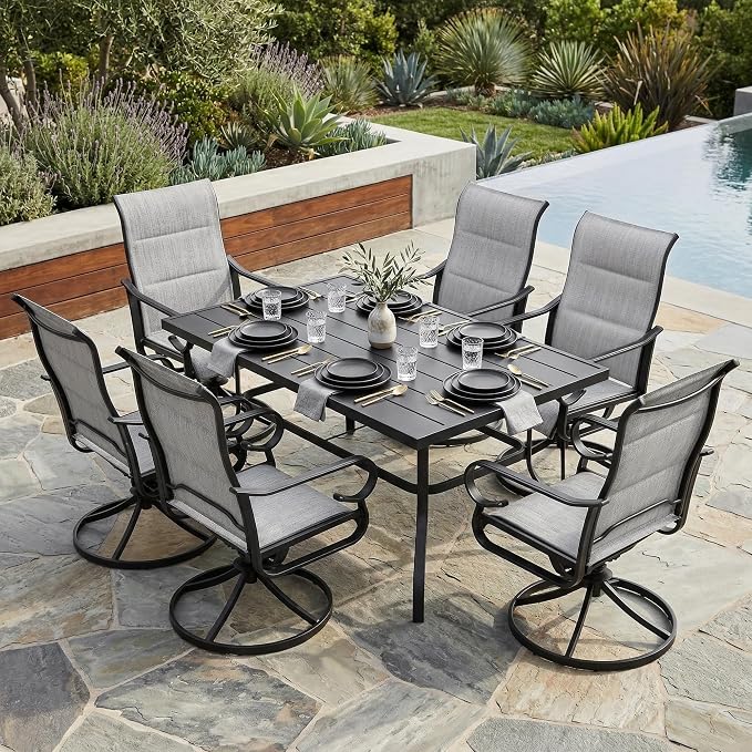 NUU GARDEN 7PCS Outdoor Dining Set with Umbrella Hole, Patio Table and Chair Set, Outdoor Dining Table and Swivel Chairs with High Backrest, All-Weather Padded Textilene Patio Dining Set, Light Gray