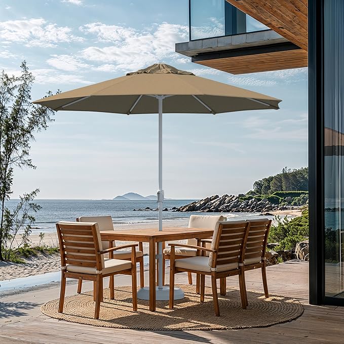 California Umbrella 12-Year Protection 9-Ft Outdoor Patio Umbrella, Sunbrella Fade-Resistant Fabric, Auto-Tilt, Heavy Duty Aluminum Frame, 8 Reinforced Ribs for Pool or Deck, White Pole, Linen Sesame