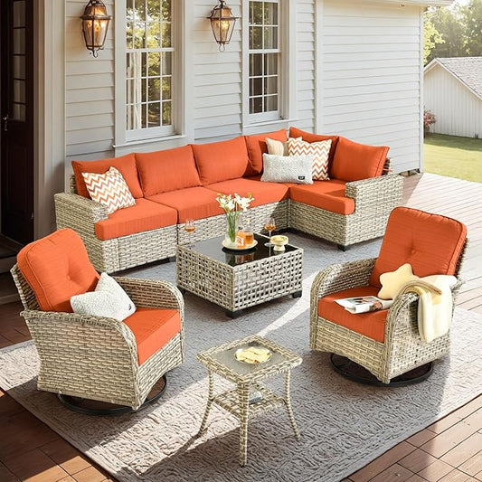 9 Piece Patio Furniture All Weather 7-Seater Outdoor Sectional Sofa with Patio Swivel Chairs and Solar Powered Coffee Table for Porch,Garden,Backyard,Deck(Red)