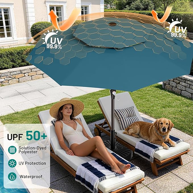 AreShark 9ft 2 Tiers Patio Umbrella - Outdoor Umbrella Waterproof UV Protection, Market Table Umbrella w/Push Button Tilt&Crank for Pool, Porch, Garden(Lake Blue)
