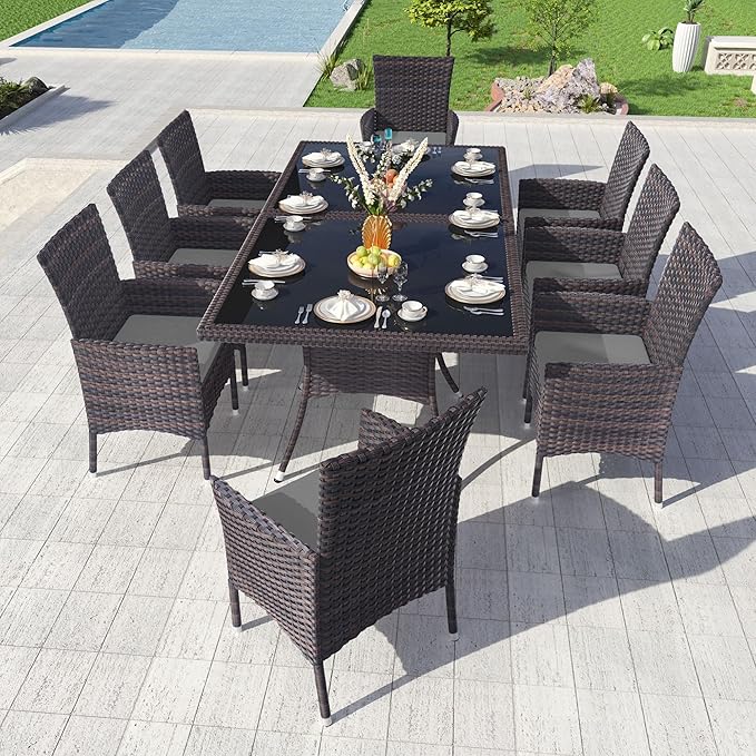 Kullavik 10 Pieces Outdoor Dining Set Patio Rattan Furniture Set,Patio Dining Table and Chairs Set with 8 Chairs and Cushions,Square Glass Tabletop with Umbrella Hole for Patio,Backyard,Grey