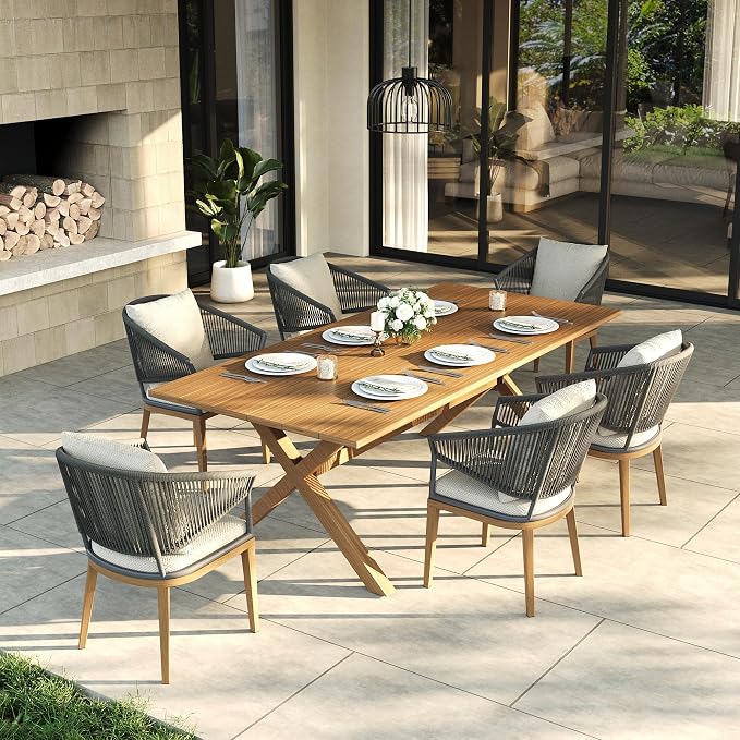 LayinSun 7 Piece Outdoor Dining Table Set, Aluminum Modern Rectangular Dining Table and All-Weather Wicker Chairs Set for Patio Deck Indoor Decor Kitchen