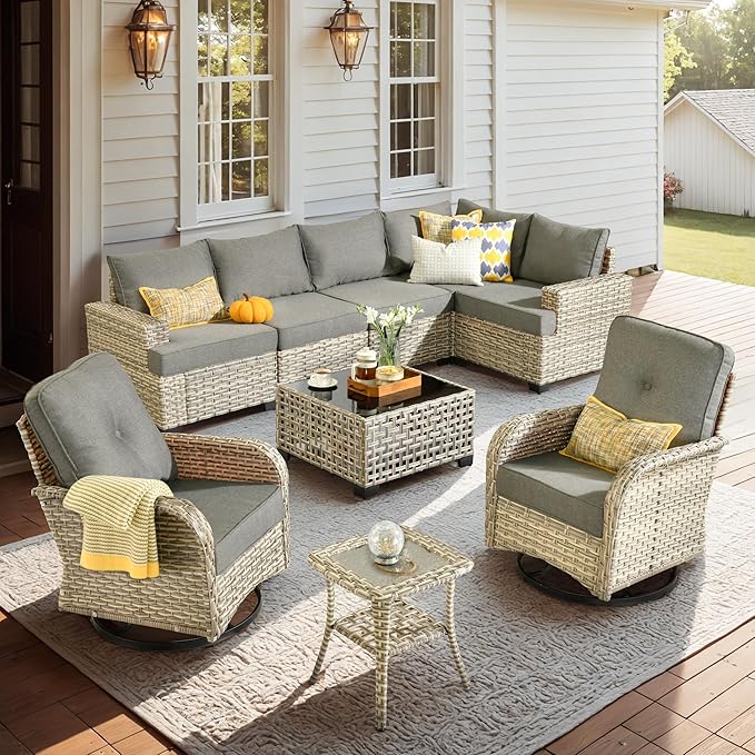 9 Piece Patio Furniture All Weather 7-Seater Outdoor Sectional Sofa with Patio Swivel Chairs and Solar Powered Coffee Table for Porch,Garden,Backyard,Deck(Dark Grey)