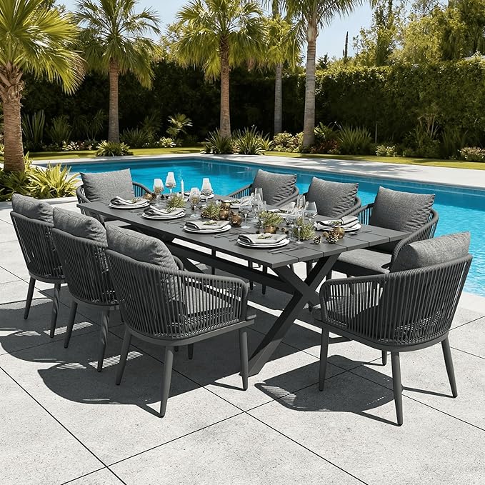 LayinSun 9 Pieces Outdoor Patio Dining Set, Aluminium Rectangular Dining Table and Wicker Rattan Chairs Set for Outside Backyard, Poolside