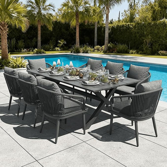 LayinSun 9 Pieces Outdoor Patio Dining Set, Aluminium Rectangular Dining Table and Wicker Rattan Chairs Set for Outside Backyard, Poolside