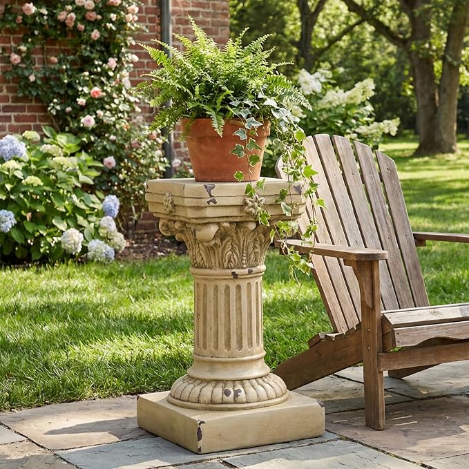 Merax 16.73" H Corinthian Pedestal Plant Stand, MGO Decorative Pedestal Side Table for Indoor Outdoor Entryway Garden Home, Antique Yellow, No Assembly Needed