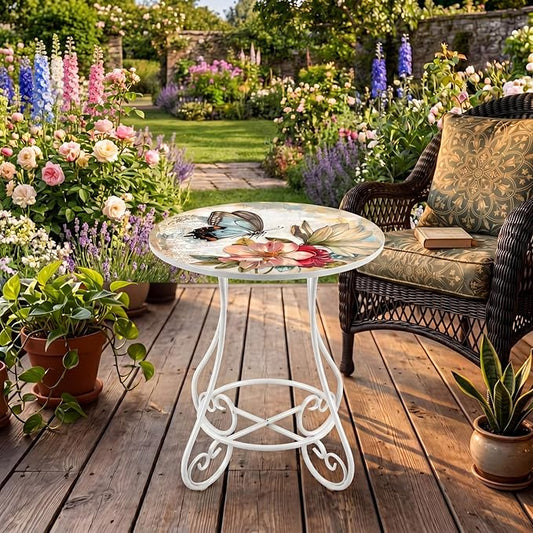 Cinnvoice 14 Inch Outdoor Side Table Round Small Patio Accent Weather Resistant Metal Elegant Indoor End Plant Coffee Tea Table for Yard Patio Outdoor Porch Garden Living Room(Watercolor Butterfly)
