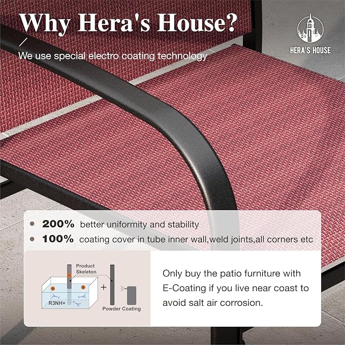 HERA'S HOUSE 7pc Patio Dining Set, Metal Table with PVC Top, Red Chairs | 61" rectangular table with umbrella hole, 6 textilene chairs. Waterproof, rust-resistant, all-weather for yard, porch