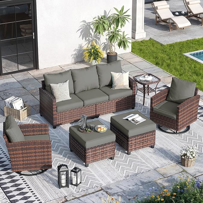 Patio Furniture Sets, 6 Pieces Patio Outdoor Sectional Furniture, Wicker Rattan Conversation Sofa with Swivel Chair, Ottomans, Side Table, 4" Thick Cushion for Deck Porches Balconies, Dark Grey