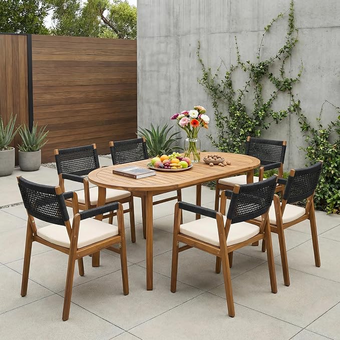 Christopher Knight Home 7 Piece Outdoor Dining Set, 70" Oval Acacia Wood Patio Table with 6 Rope Woven Dining Armchairs with Cushions, Teak Finish Outdoor Table and Chairs for Patio Deck Garden Dining