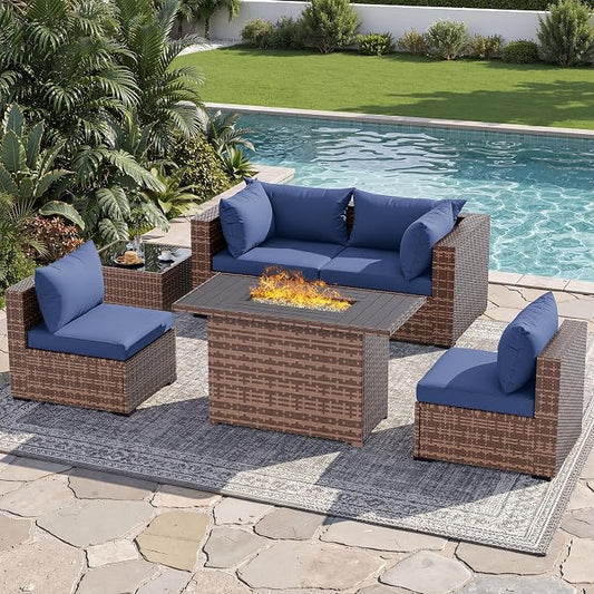 UDPATIO Patio Furniture Set with Fire Pit Table, 5 Piece Outdoor Sectional Sofas, All-Weather Wicker Conversation for Garden, Backyard, Navy Blue