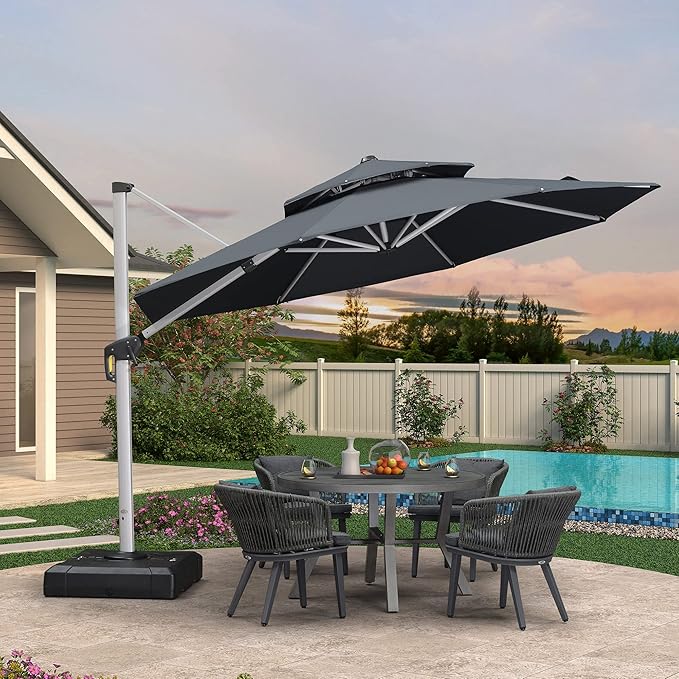 PURPLE LEAF 11 FT Cantilever Patio Umbrellas with Base Included, Large Round Offset Umbrella with 360° Rotation, Outdoor Aluminum Pool Umbrella for Pool Lawn Garden, Grey