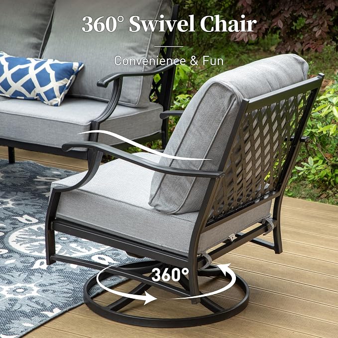 SUNSHINE VALLEY 6 Piece Metal Outdoor Patio Furniture Set with Firepit Table, Patio Conversation Set 1 3-seater Sofa, 2 Swivel Chair, 2 Ottoman with 5.75" Thick Cushion, Black Backyard Furniture, Gray