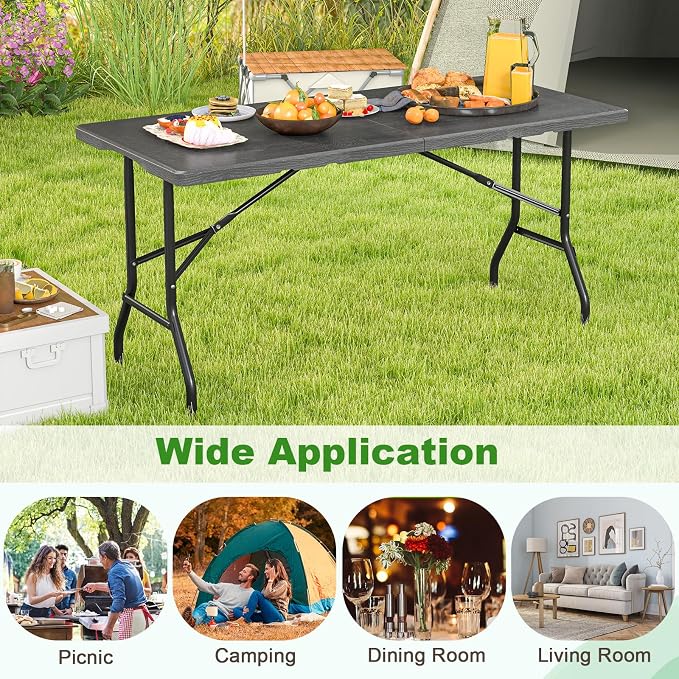 Tangkula 5FT Folding Table, Indoor Outdoor Foldable Plastic Table with HDPE Tabletop, Sturdy Metal Fame, Carrying Handle, 4-6 Person Picnic Table for Camping BBQ Party