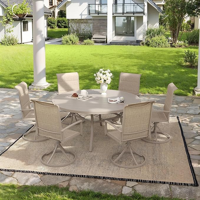 VICLLAX 7 Pieces Outdoor Dining Set, Patio Furniture Set Includes 50" Round Metal Table W/ 1.9" Umbrella Hole and 6 Padded Textilene Swivel Chairs for Porch, Lawn, Garden, Backyard