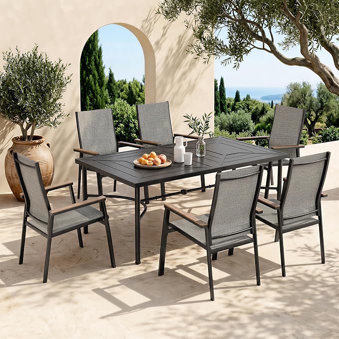 Sophia & William 7 Piece Outdoor Dining Set, Metal Patio Table with Umbrella Hole and Space-Saving Stackable Textilene Chairs with Aluminum Frame for Patio Lawn Garden (Grey Chairs)