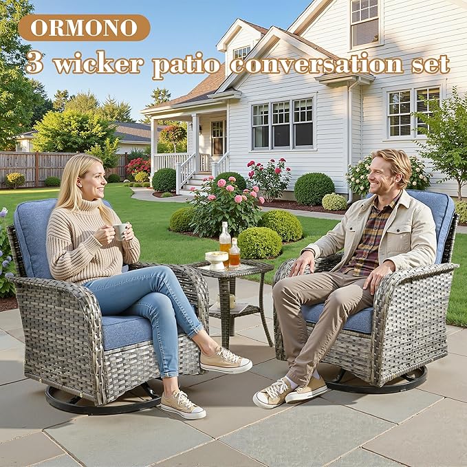 3 Pieces Patio Furniture Set,All-Weather Rattan Wicker Outdoor Furniture with Swivel Rocking Chairs and Side Table,High Back Conversation Set for Porch,Backyard,Balcony,Denim Blue