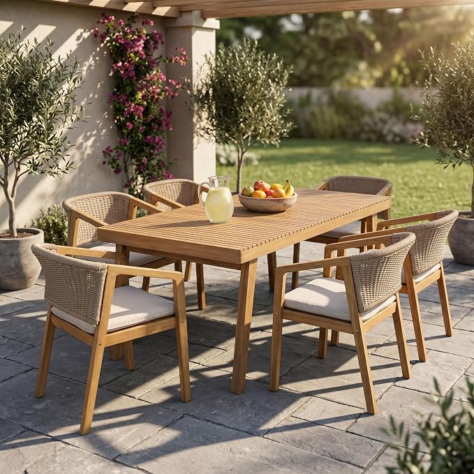 7-Piece Outdoor Acacia Wood Dining Set, Patio Dining Set, 69" Rectangular Patio Table & 6 Mix Brown Rope Arm Chairs with Beige Cushions