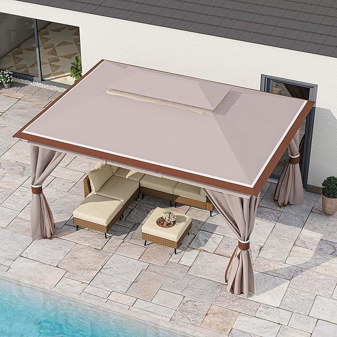LAUSAINT HOME 10'x13' Outdoor Gazebo, Metal Frame Heavy Duty Patio Canopy Tent Shelter with Double Roofs, Mosquito Nettings and Privacy Screens for Backyard, Garden, Lawn, Classic Khaki