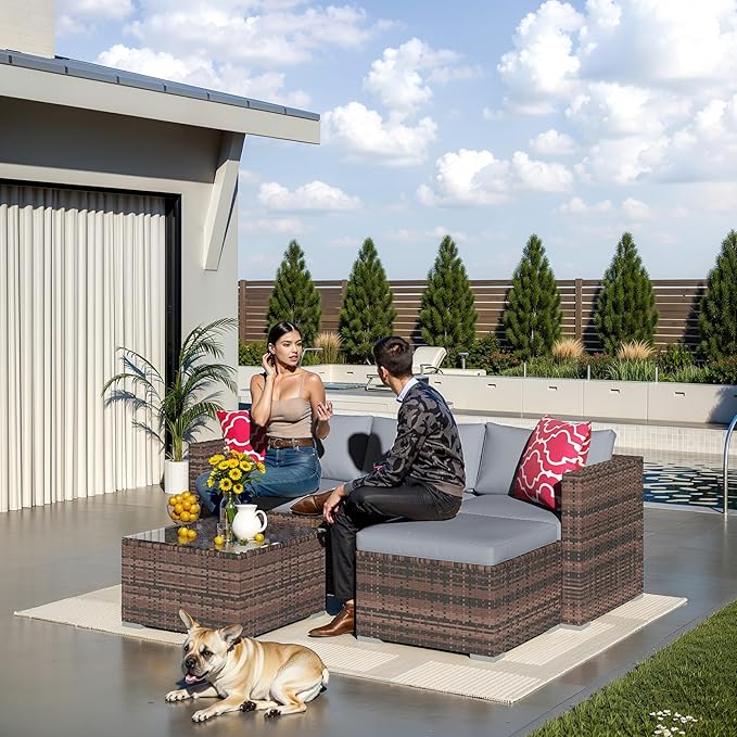 5-Piece Patio Furniture Set, All-Weather PE Rattan Sectional Sofa, Modular Outdoor Conversation Set with Metal Frame, Brown & Grey