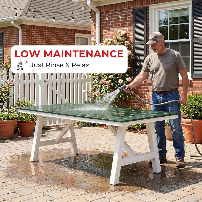 Costaelm Rectangle Patio Table, 8-Person Backyard Table 90" HDPE Dining Table with Umbrella Hole and Metal Frame for Outside, Garden, Poolside, Deck, Porch, Balcony, Dark Green
