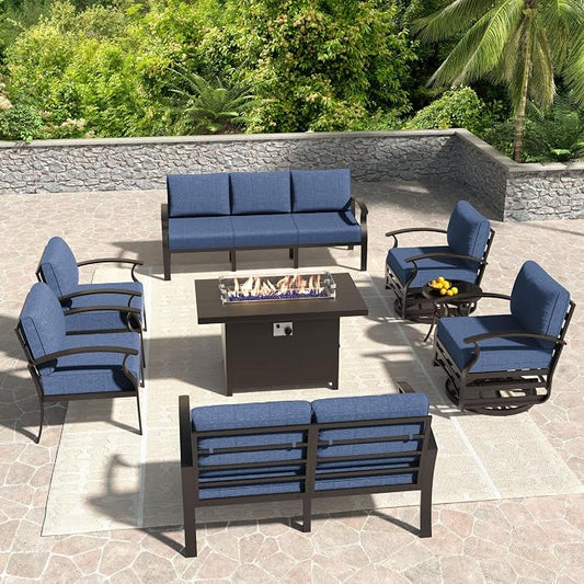 Kullavik Aluminum Patio Furniture Set,8 Piece Modern Metal Outdoor Patio Furniture w/5.1'' Thick Cushion,Swivel Chairs and Propane Fire Pit Table,Patio Conversation Sets for Porch,Deck,NavyBlue