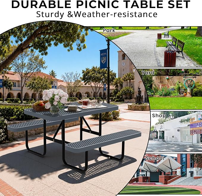 4FT Rectangular Steel Outdoor Picnic Table, Commercial Picnic Table Bench Set with Umbrella Hole, Weather-Resistant Heavy Duty School Dining Table for Stores, Park, Patio, Garden, Backyard, Grey