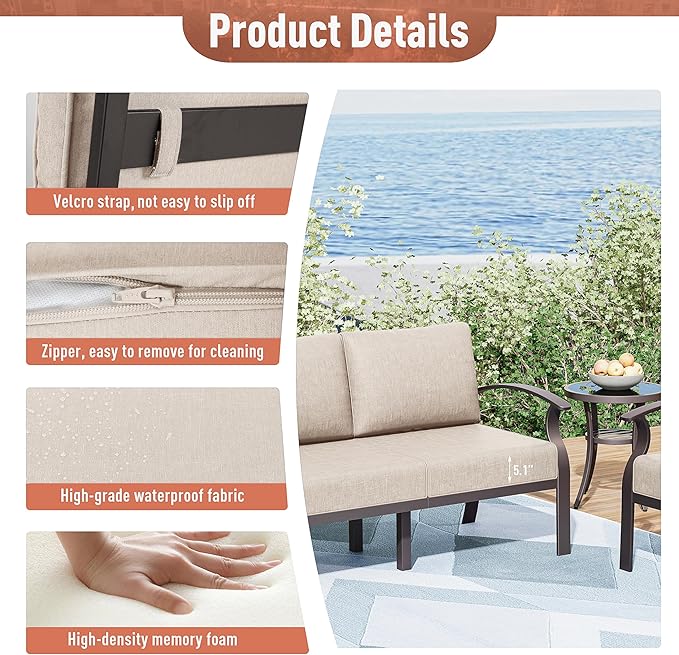Kurapika Aluminum Patio Furniture Set 5-Seat Modern Metal Outdoor Conversation Sets w/45in Propane Fire Pit Table, Swivel Rocking Chairs Patio Sectional Sofa w/5.1 Inch Cushion, Sand