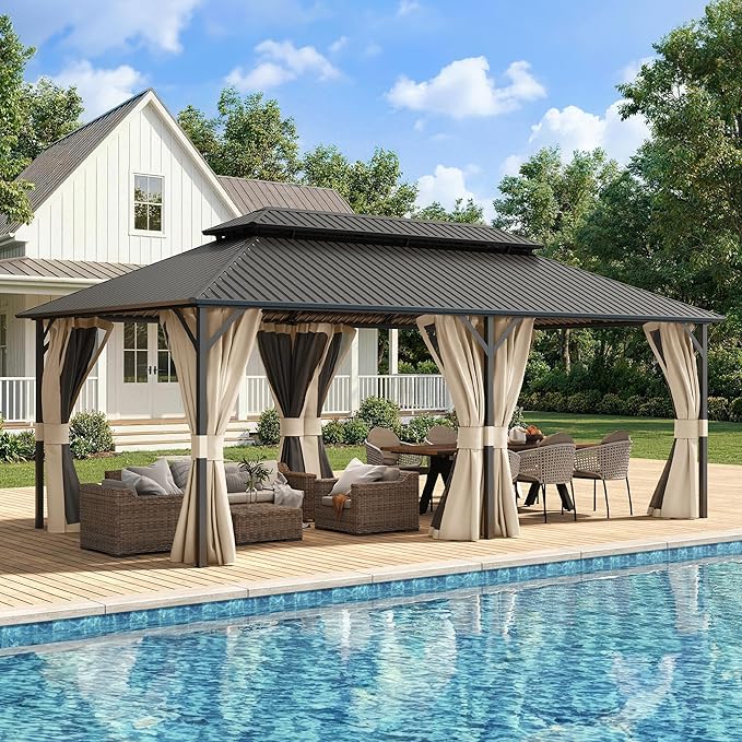 UDPATIO 12'x20' Hardtop Gazebo, Outdoor Metal Gazebo with Galvanized Steel Double Roof, Permanent Pavilion with Netting and Curtains for Lawn, Garden, Patio, Beige