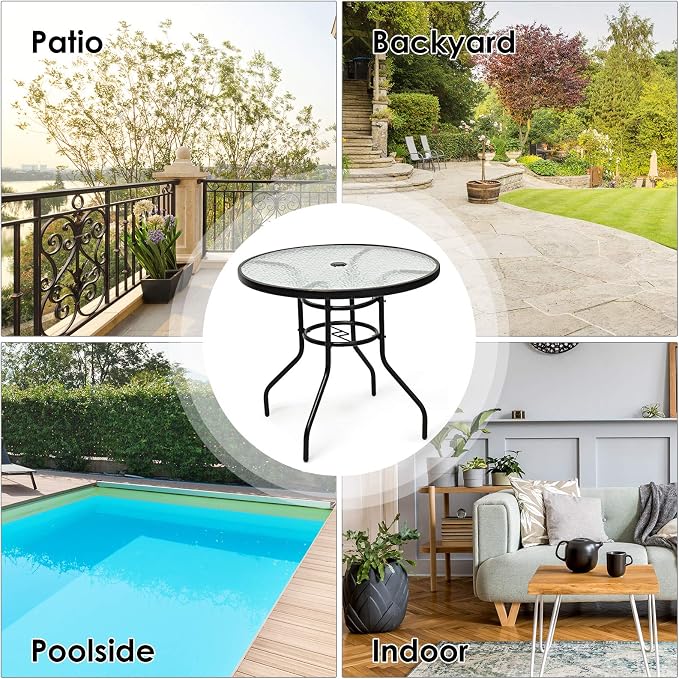 DREAMADE 32 Inch Patio Table, Outdoor Dining Furniture w/ 1.65” Umbrella Hole, Sturdy Metal Frame with Tempered Glass Top, Small Accent Bistro Coffee Table for Deck, Balcony, Garden, Pool, Backyard