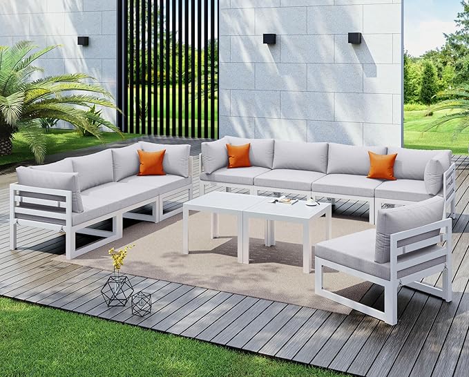 NICESOUL 10 Pcs L-Shaped Contemporary Aluminum Outdoor Furniture Set, 29" Deep Wide Large Couch Set, 500 lbs High Weight Capacity Modular Patio Sectional Sofa with Side Table for Garden, Light Grey