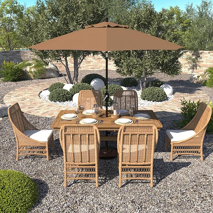 California Umbrella 9' Round Aluminum Market Umbrella, Crank Lift, Push Button Tilt, Bronze Pole