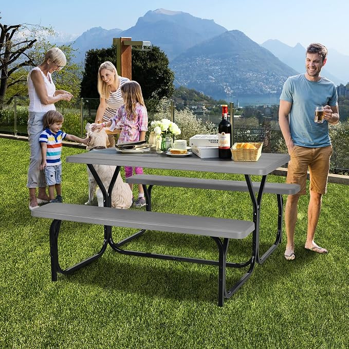 HAPPYGRILL Outdoor Picnic Table Bench Set with Metal Frame & All Weather-Resistant Surface, Camping Table Set for Patio Backyard Poolside Garden Dining Party