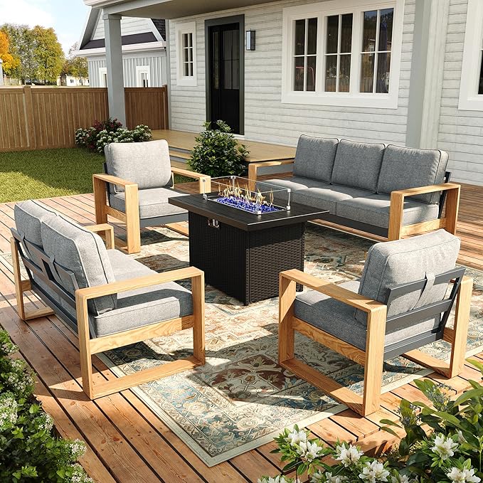 Oversized Aluminum Outdoor Patio Furniture Set, 5-Piece Modern Sectional Conversation Sets with Fire Pit Table, Wide Seat and Thick Cushions
