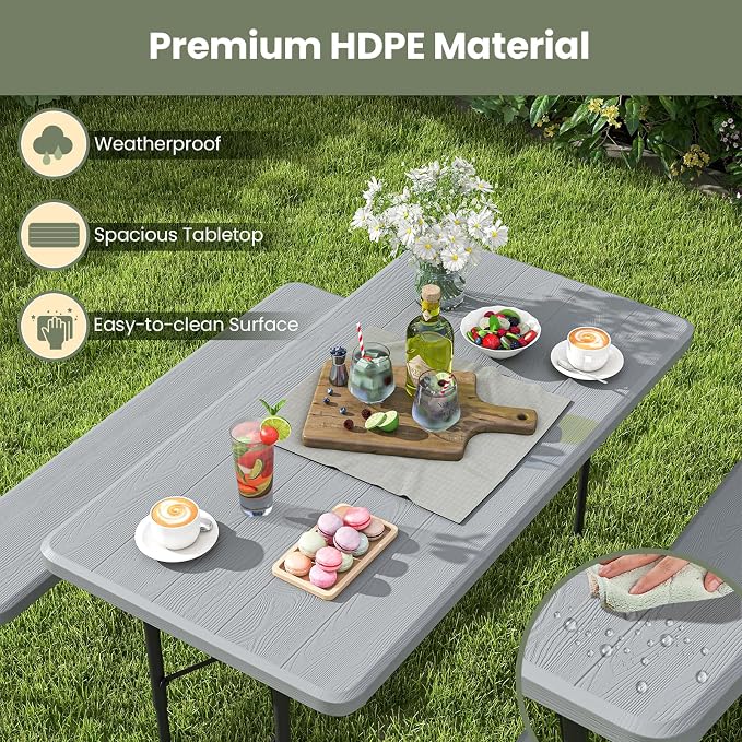 LDAILY Moccha Folding Picnic Table - Portable Picnic Table with Benches, HDPE Tabletop, Metal Frame, Foldable Camping Table, Outdoor Dining Table Set for Garden Party BBQ Patio Table Bench Set (Grey)