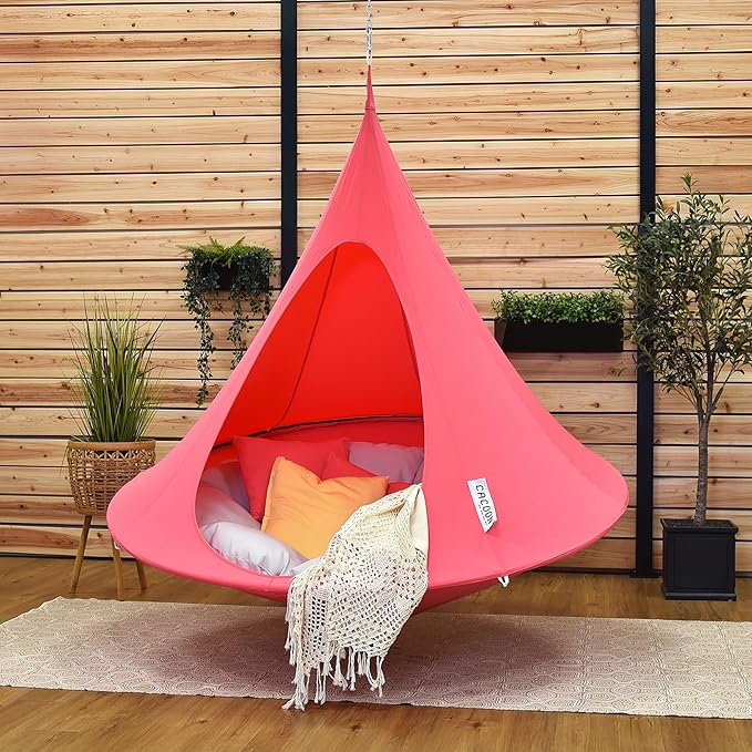 Double Cacoon Hanging Chair for Two – Cozy Indoor/Outdoor Hammock with Polyester Canvas, 440 lb Capacity, Includes 18ft Rope & Carabiner (Coral Rose)