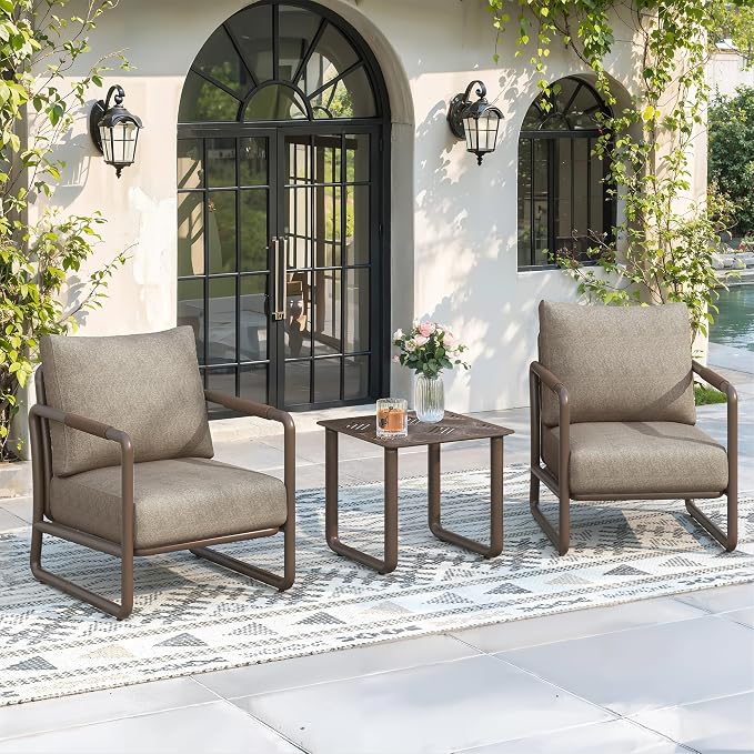 Outdoor Aluminum Patio Furniture Set with with 6.5" Thick Cushions,3-Piece Outdoor Sectional Conversation Set with Coffee Table, All-Weather Patio Set for Backyard & Deck，Brown