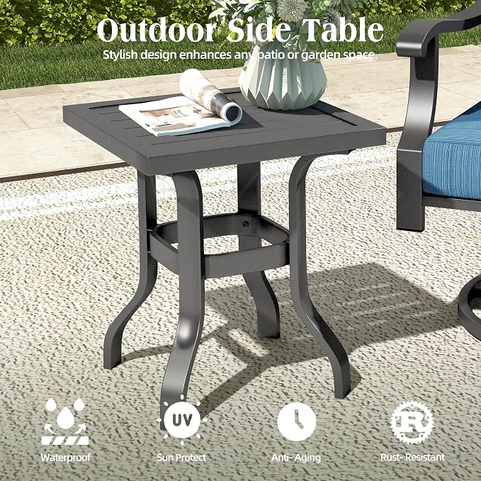 9 Piece Patio Conversation Set, Outdoor Metal Furniture Set w/Rocking Swivel Chairs, 3-Seat Sofa, Ottomans and Coffee Side Table, 5" Thickened Cushions for Backyard, Poolside, Blue