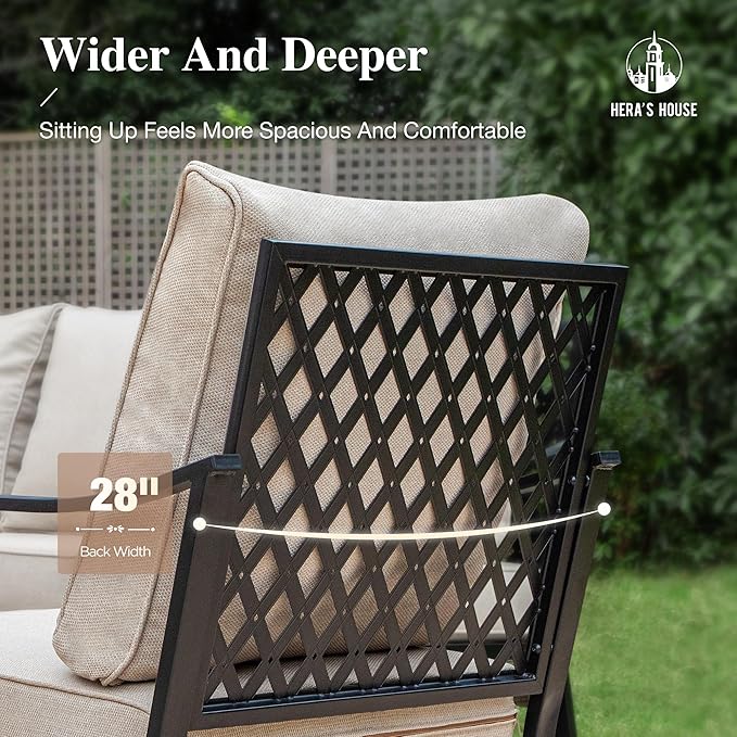 HERA'S HOUSE 6 Piece Metal Patio Furniture Set, All Weather Outdoor Conversation Set with 3-Seat Sofa, 4 Fixed Chairs & Coffee Table, 7 Seats for Backyard, Garden, Deck, Beige