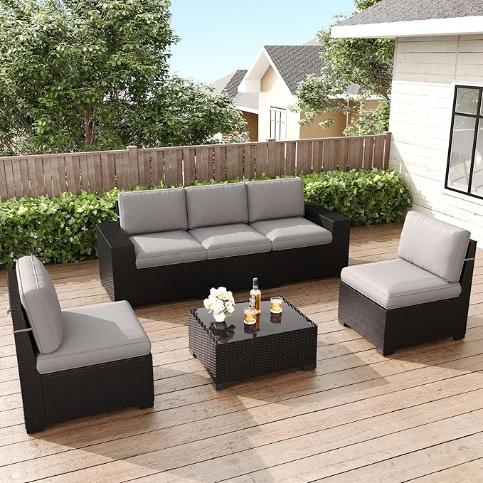 LayinSun 6 Pieces Patio Furniture Set, Black Rattan Modular Sectional Outdoor Conversation Sofa Set