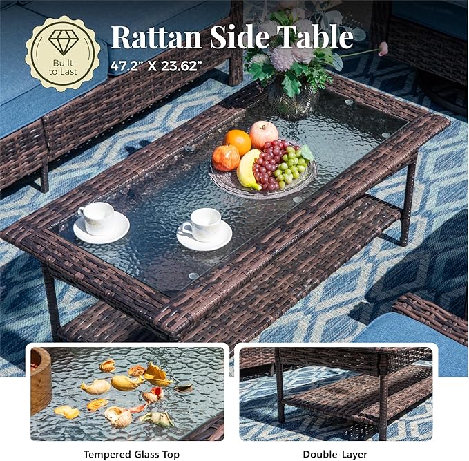 6-Piece Wicker Patio Furniture Set with Swivel Chairs, High Back Outdoor Sofa with 5.5-inch Thick Cushion, All-Weather Wicker Patio Conversation Set for Deck Yard Pool, Navy Blue