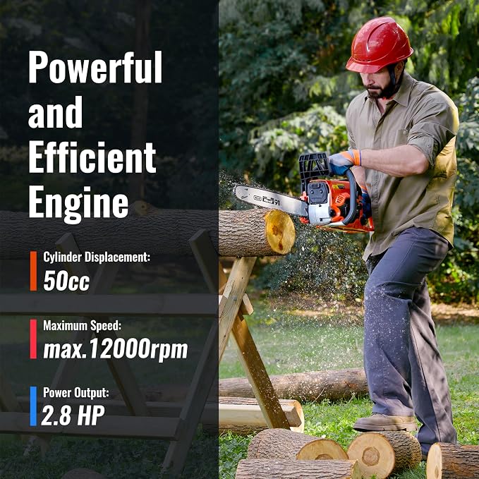 50CC Gas Powered Chainsaw With 2-Cycle Engine 20 &18 Inch Handheld Chain Saw Gas With Automatic Oiler For Tree Trimming Wood Cutting and Land Clearing